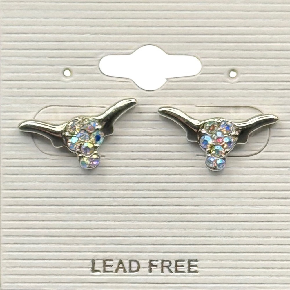 Silver Tone Rhinestone Longhorn Bull Head Stud‎ Earrings Lead Free Western Boho